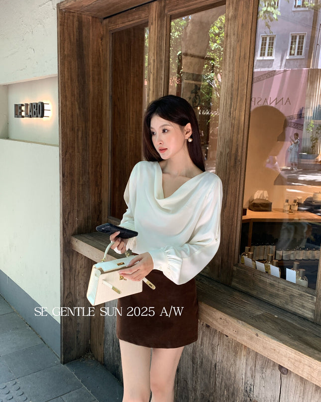 SE GENTLE SUN Elegant French Cowl Neck Satin Blouse