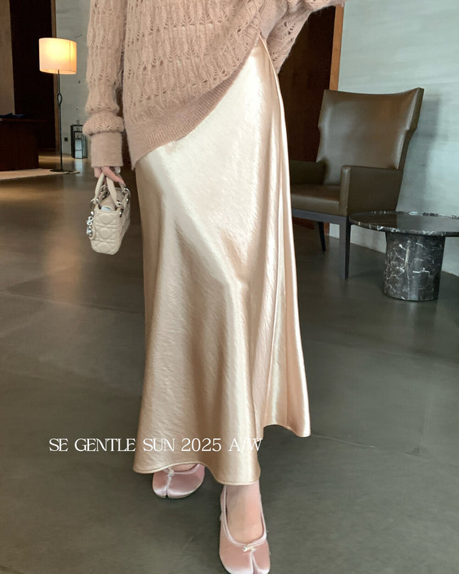 SE GENTLE SUN Elegant Satin Midi Skirt
