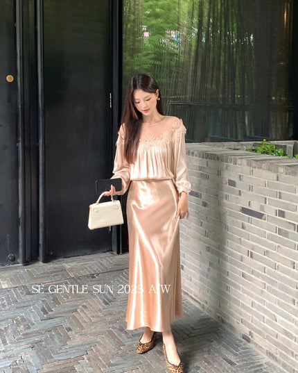 SE GENTLE SUN Elegant Satin Midi Skirt