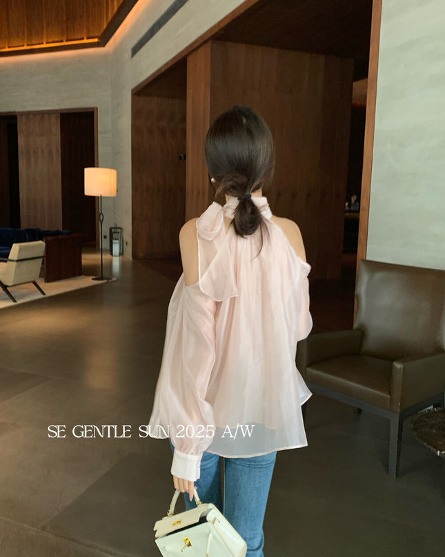 SE GENTLE SUN Elegant Lace Off-Shoulder Bow Blouse