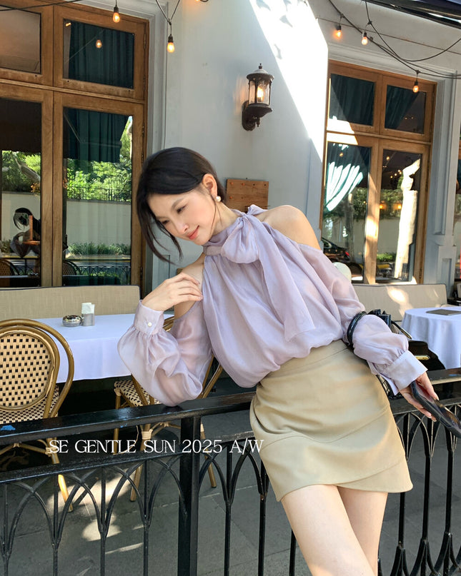 SE GENTLE SUN Elegant Lace Off-Shoulder Bow Blouse