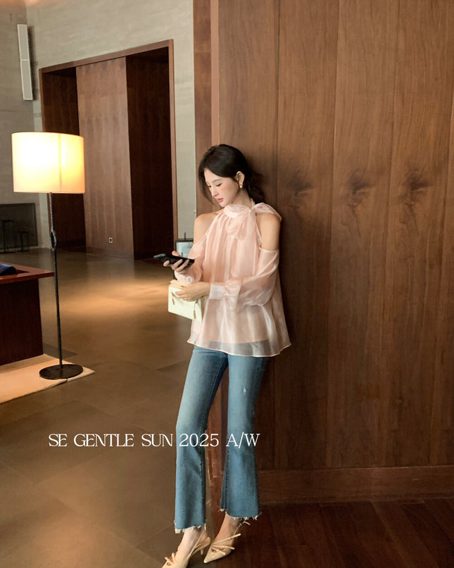 SE GENTLE SUN Elegant Lace Off-Shoulder Bow Blouse