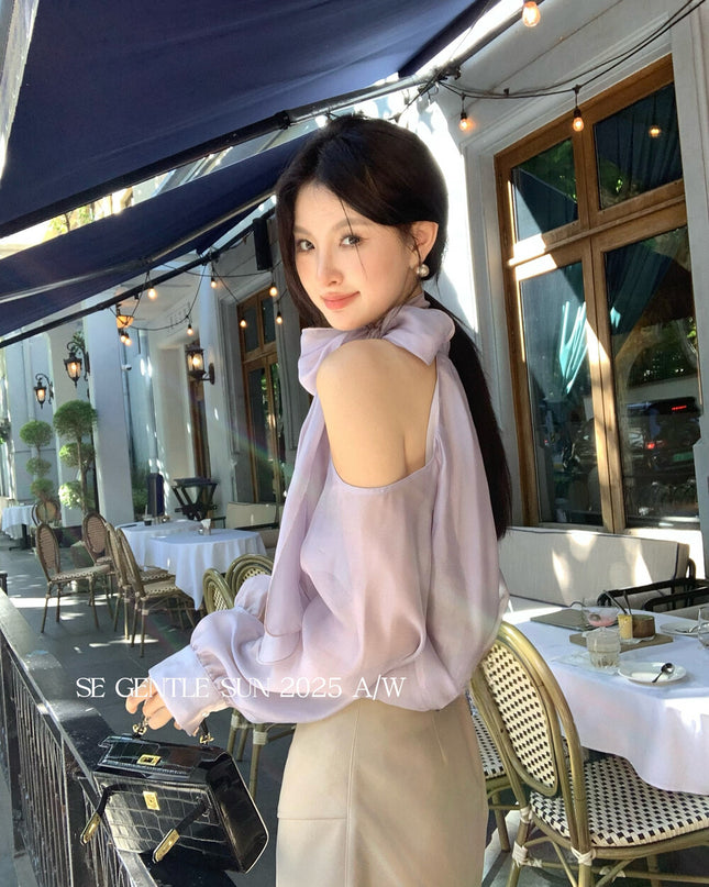 SE GENTLE SUN Elegant Lace Off-Shoulder Bow Blouse
