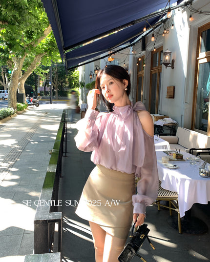 SE GENTLE SUN Elegant Lace Off-Shoulder Bow Blouse