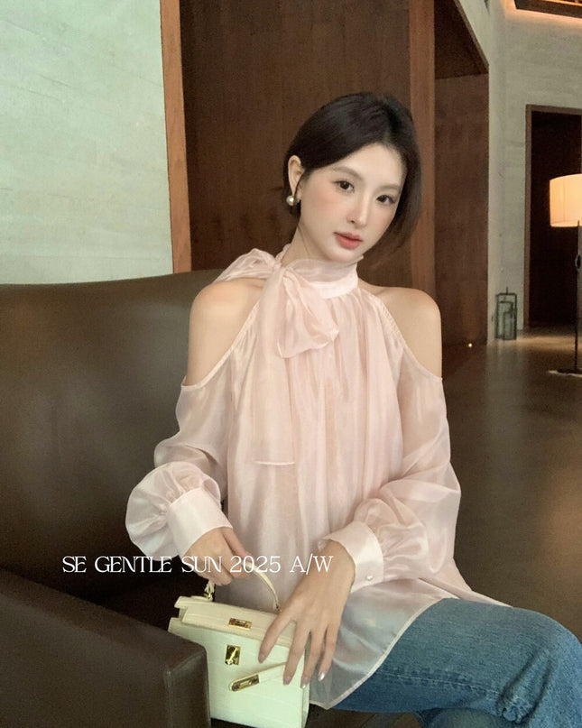SE GENTLE SUN Elegant Lace Off-Shoulder Bow Blouse