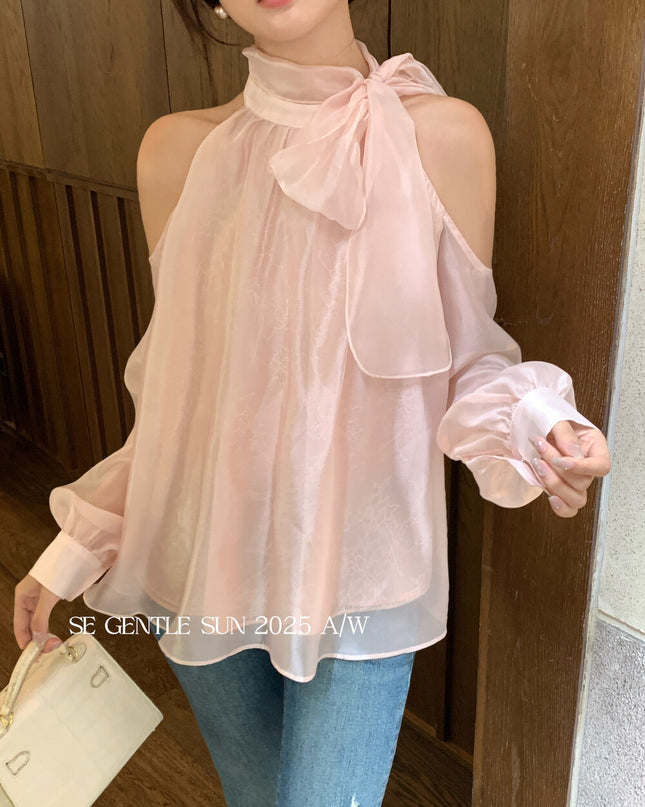 SE GENTLE SUN Elegant Lace Off-Shoulder Bow Blouse
