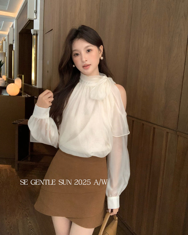 SE GENTLE SUN Elegant Lace Off-Shoulder Bow Blouse
