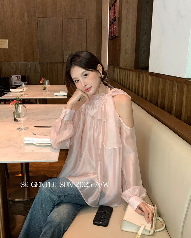 SE GENTLE SUN Elegant Lace Off-Shoulder Bow Blouse