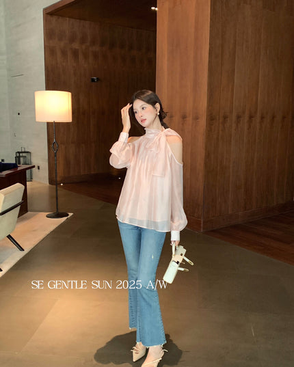 SE GENTLE SUN Elegant Lace Off-Shoulder Bow Blouse