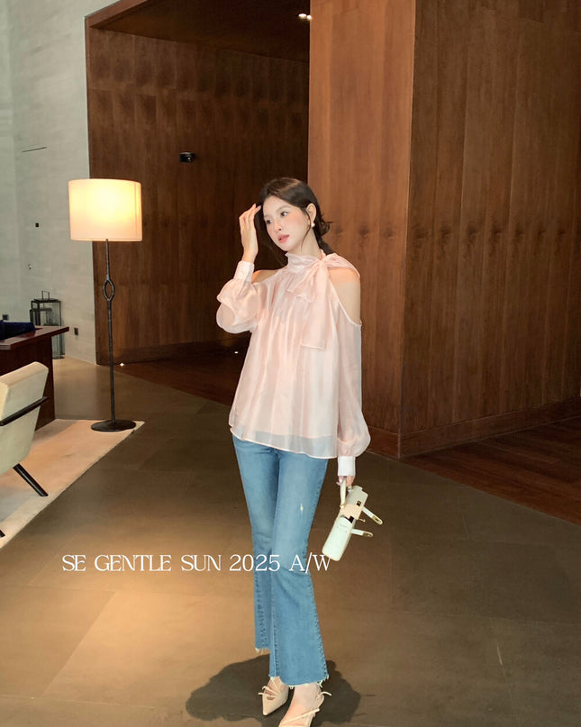 SE GENTLE SUN Elegant Lace Off-Shoulder Bow Blouse