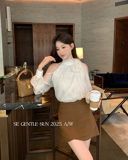SE GENTLE SUN Elegant Lace Off-Shoulder Bow Blouse
