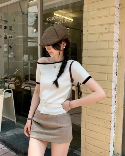 Y.JIA Asymmetrical Colorblock Slim-Fit Knit Top