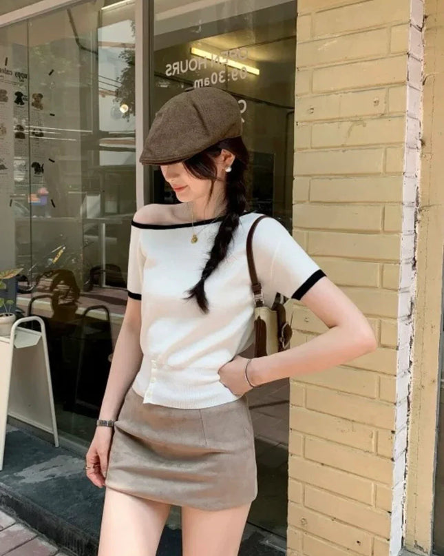 Y.JIA Asymmetrical Colorblock Slim-Fit Knit Top