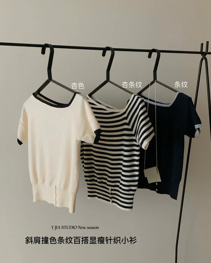 Y.JIA Asymmetrical Colorblock Slim-Fit Knit Top