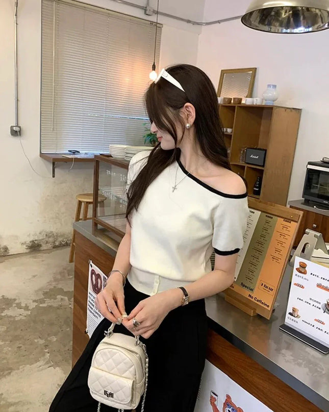 Y.JIA Asymmetrical Colorblock Slim-Fit Knit Top