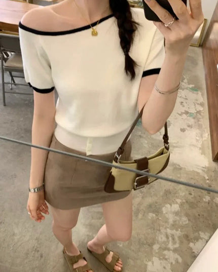 Y.JIA Asymmetrical Colorblock Slim-Fit Knit Top