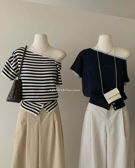 Y.JIA Asymmetrical Colorblock Slim-Fit Knit Top
