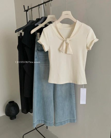 Y.JIA Sweet Bow-Tie Slim Fit Versatile Knit Top