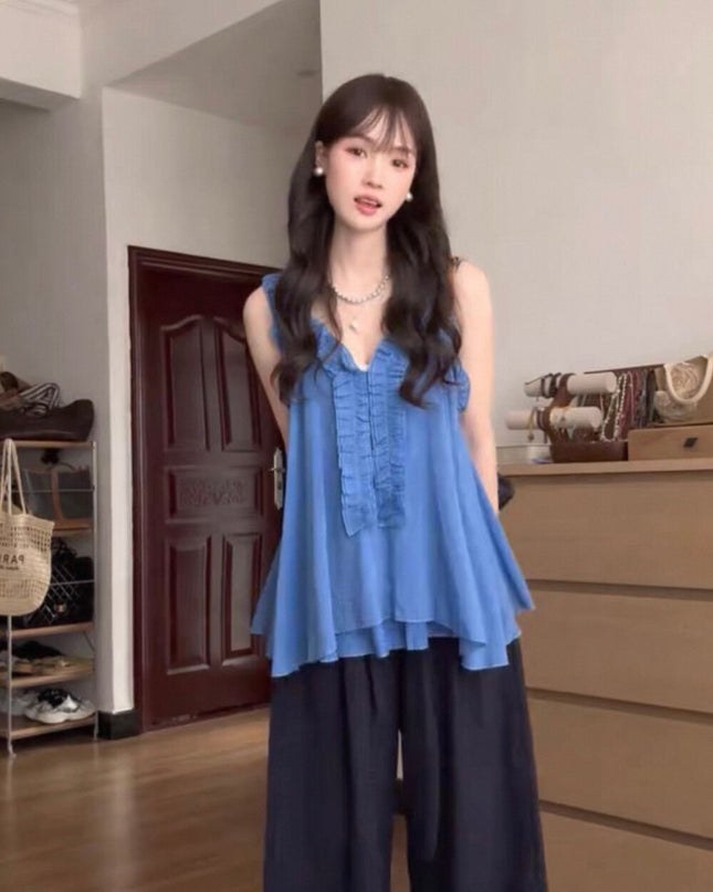 Y.JIA Ruffled Off-Shoulder Babydoll Top + Wide-Leg Relaxed Pants Set