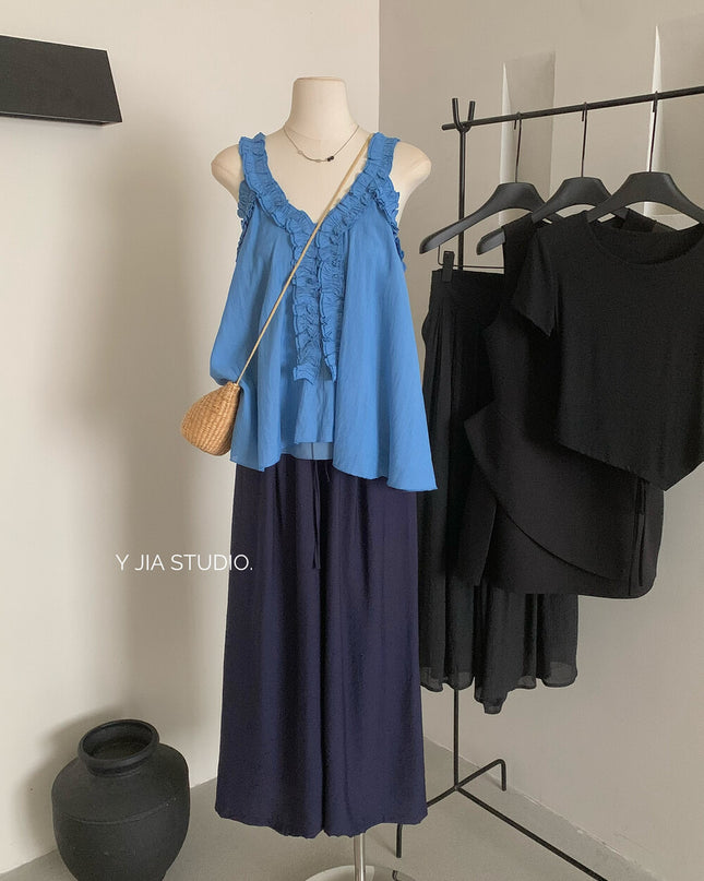Y.JIA Ruffled Off-Shoulder Babydoll Top + Wide-Leg Relaxed Pants Set