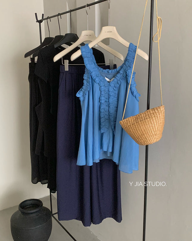 Y.JIA Ruffled Off-Shoulder Babydoll Top + Wide-Leg Relaxed Pants Set