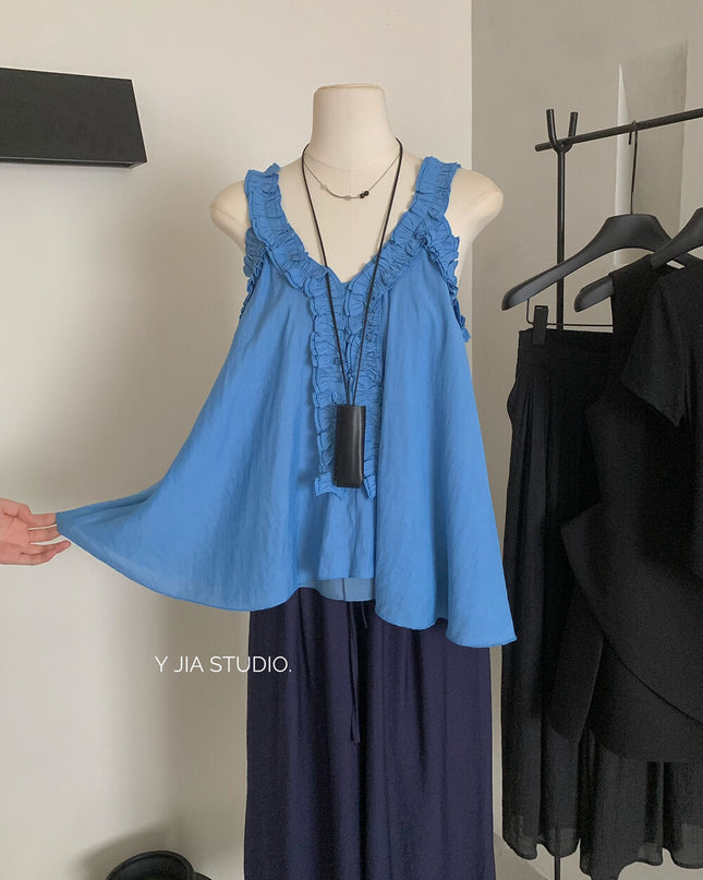 Y.JIA Ruffled Off-Shoulder Babydoll Top + Wide-Leg Relaxed Pants Set