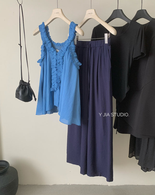 Y.JIA Ruffled Off-Shoulder Babydoll Top + Wide-Leg Relaxed Pants Set