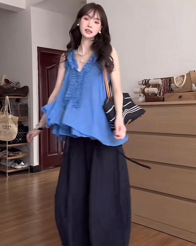 Y.JIA Ruffled Off-Shoulder Babydoll Top + Wide-Leg Relaxed Pants Set