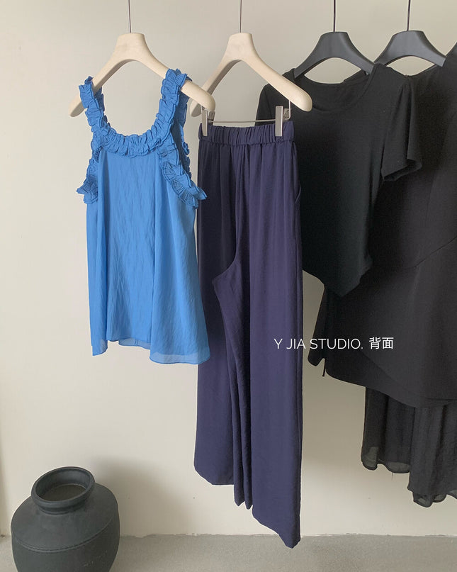 Y.JIA Ruffled Off-Shoulder Babydoll Top + Wide-Leg Relaxed Pants Set