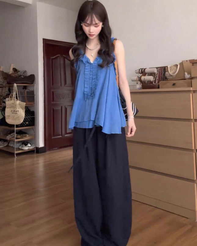Y.JIA Ruffled Off-Shoulder Babydoll Top + Wide-Leg Relaxed Pants Set