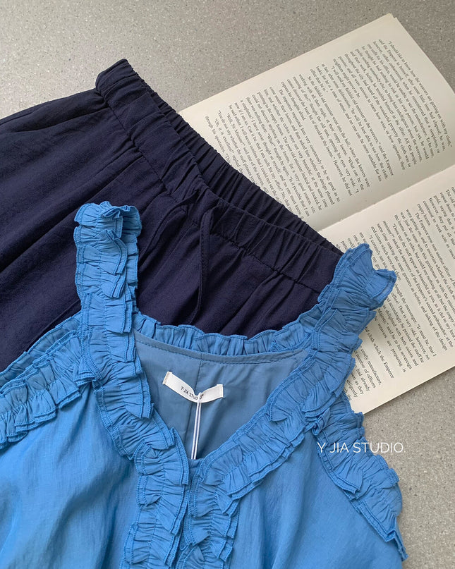 Y.JIA Ruffled Off-Shoulder Babydoll Top + Wide-Leg Relaxed Pants Set