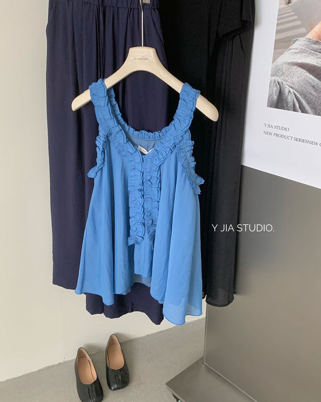 Y.JIA Ruffled Off-Shoulder Babydoll Top + Wide-Leg Relaxed Pants Set
