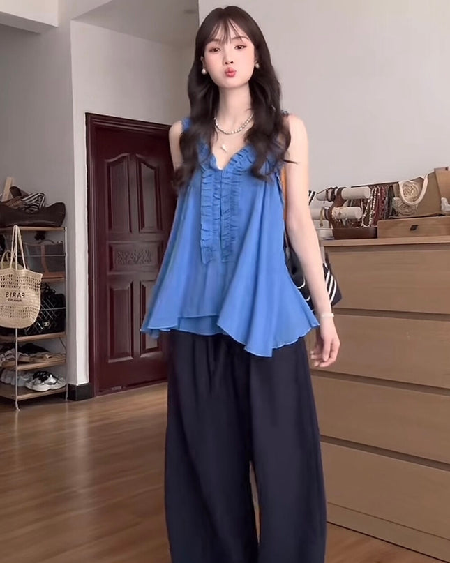 Y.JIA Ruffled Off-Shoulder Babydoll Top + Wide-Leg Relaxed Pants Set
