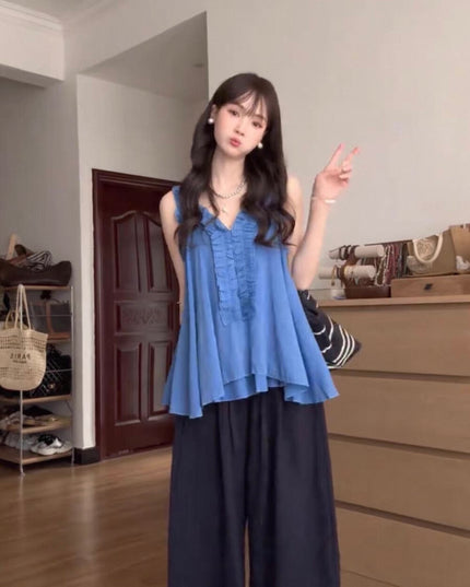 Y.JIA Ruffled Off-Shoulder Babydoll Top + Wide-Leg Relaxed Pants Set