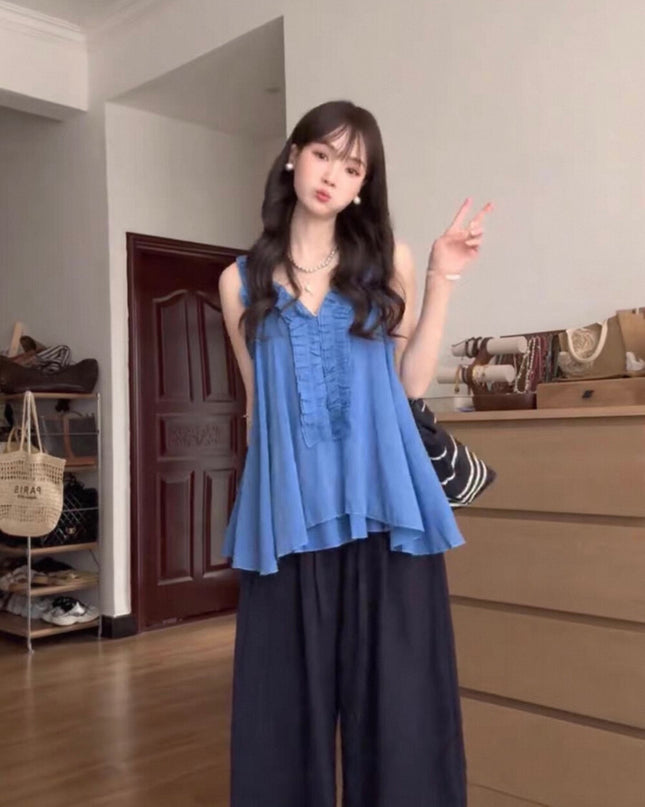 Y.JIA Ruffled Off-Shoulder Babydoll Top + Wide-Leg Relaxed Pants Set