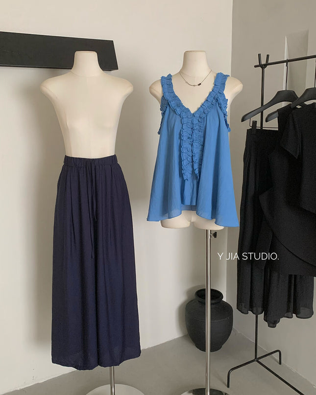Y.JIA Ruffled Off-Shoulder Babydoll Top + Wide-Leg Relaxed Pants Set