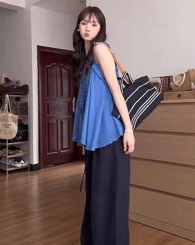 Y.JIA Ruffled Off-Shoulder Babydoll Top + Wide-Leg Relaxed Pants Set