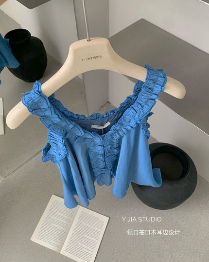 Y.JIA Ruffled Off-Shoulder Babydoll Top + Wide-Leg Relaxed Pants Set