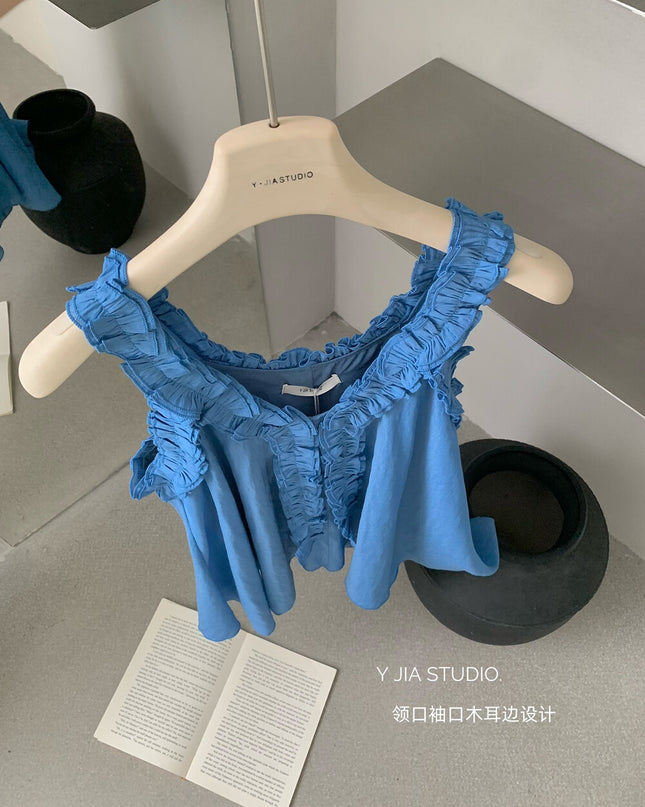 Y.JIA Ruffled Off-Shoulder Babydoll Top + Wide-Leg Relaxed Pants Set