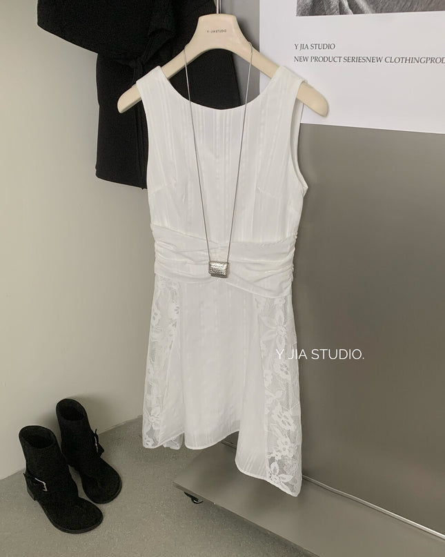 Y.JIA Gardenia White Lace Patchwork Sleeveless Slim Dress