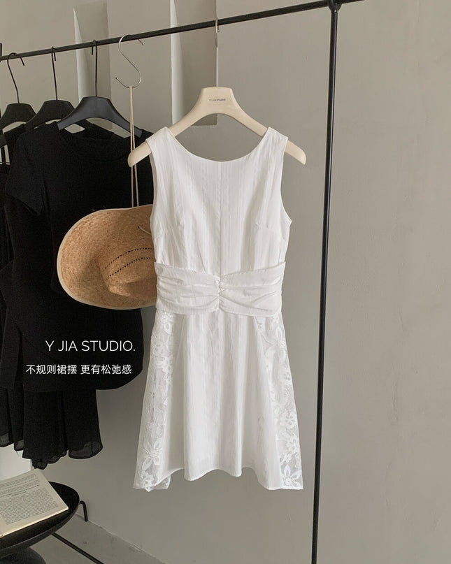 Y.JIA Gardenia White Lace Patchwork Sleeveless Slim Dress