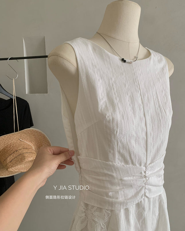 Y.JIA Gardenia White Lace Patchwork Sleeveless Slim Dress
