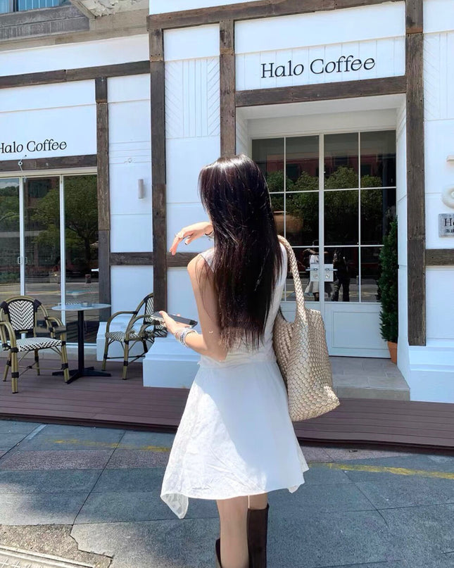 Y.JIA Gardenia White Lace Patchwork Sleeveless Slim Dress