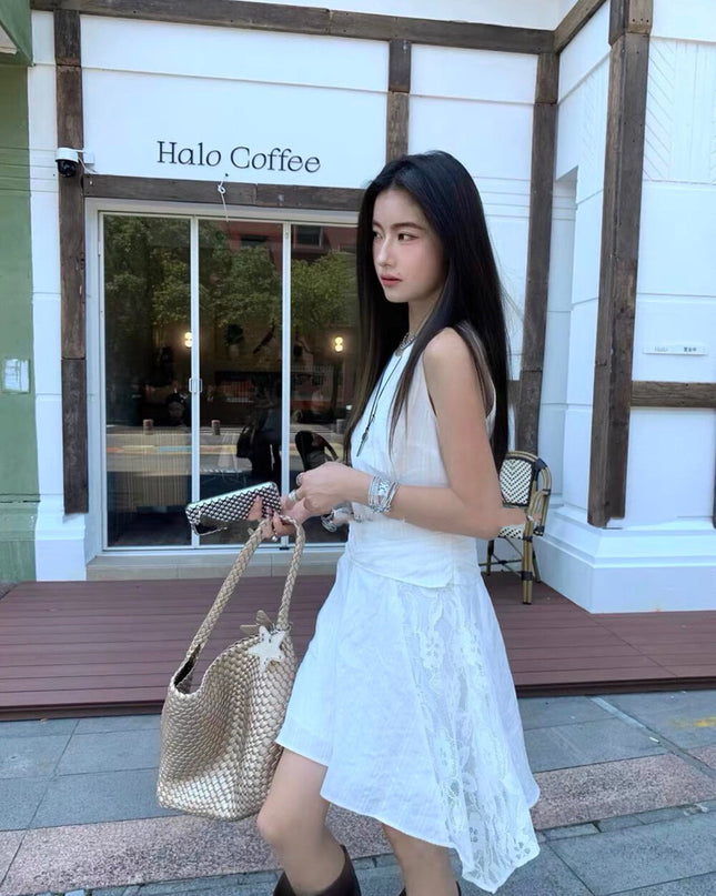 Y.JIA Gardenia White Lace Patchwork Sleeveless Slim Dress