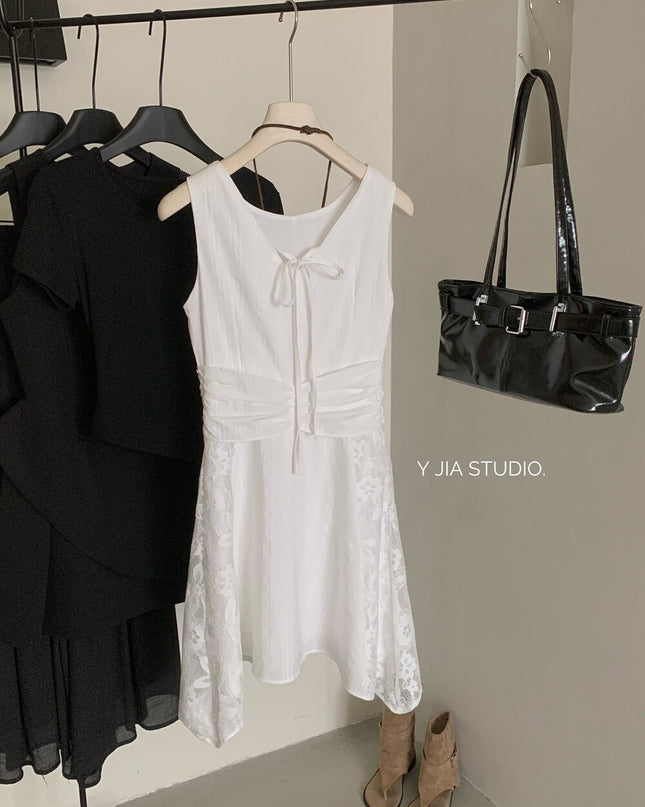 Y.JIA Gardenia White Lace Patchwork Sleeveless Slim Dress