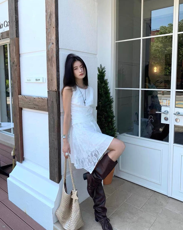 Y.JIA Gardenia White Lace Patchwork Sleeveless Slim Dress