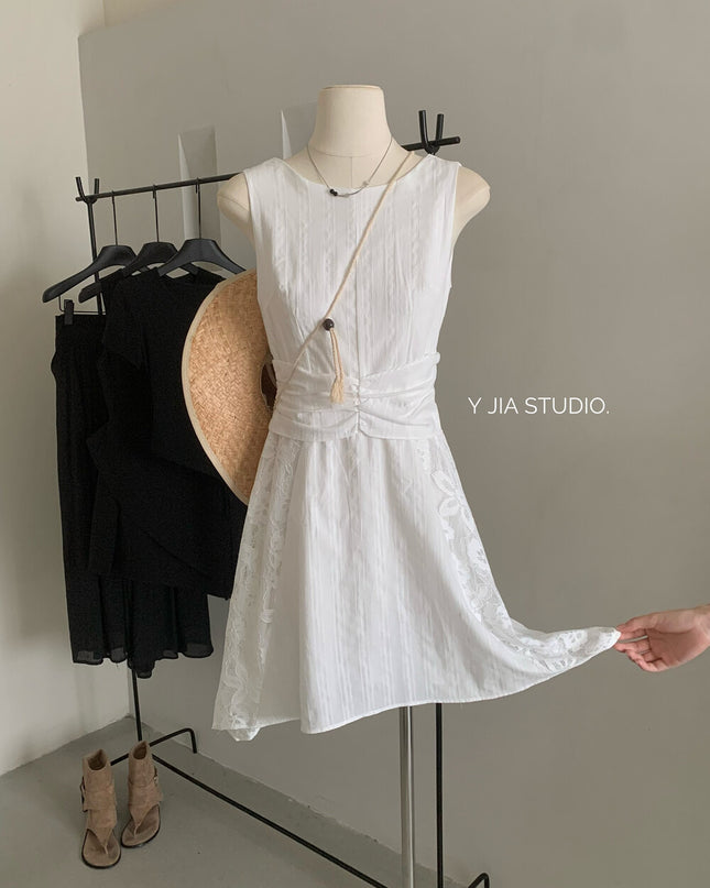 Y.JIA Gardenia White Lace Patchwork Sleeveless Slim Dress
