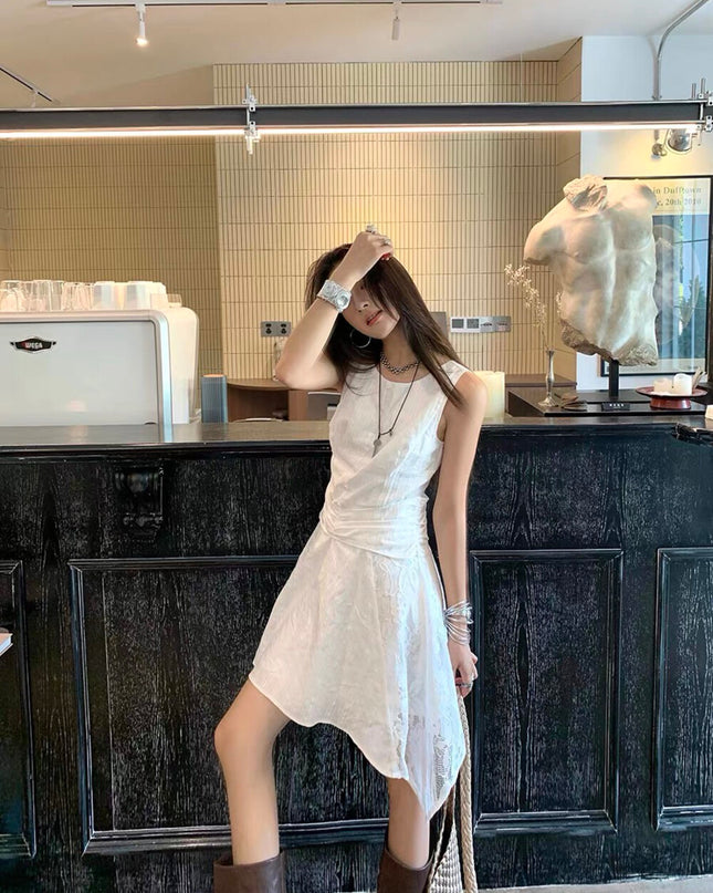 Y.JIA Gardenia White Lace Patchwork Sleeveless Slim Dress
