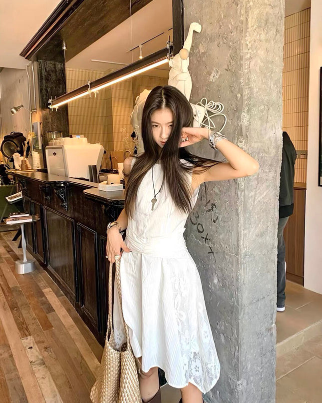 Y.JIA Gardenia White Lace Patchwork Sleeveless Slim Dress
