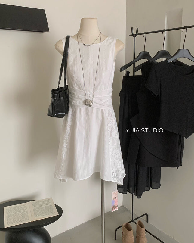 Y.JIA Gardenia White Lace Patchwork Sleeveless Slim Dress